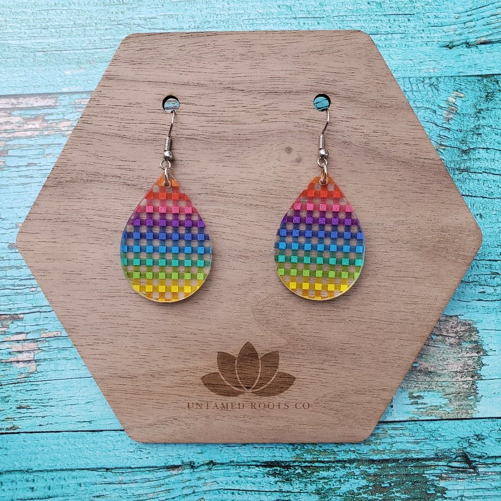 Rainbow Plaid Large Teardrop Dangle Earrings, Stainless Steel, Acrylic, Handmade